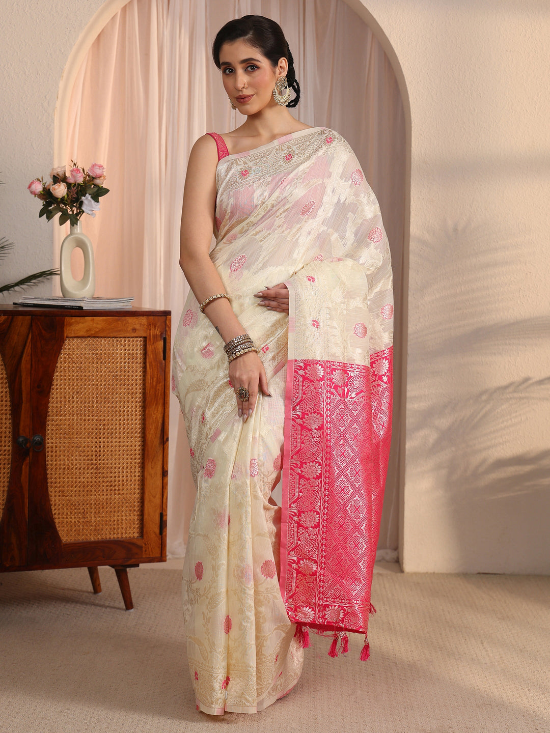 Libas Beige and Pink Floral Woven Design Silk Blend Tassel Saree