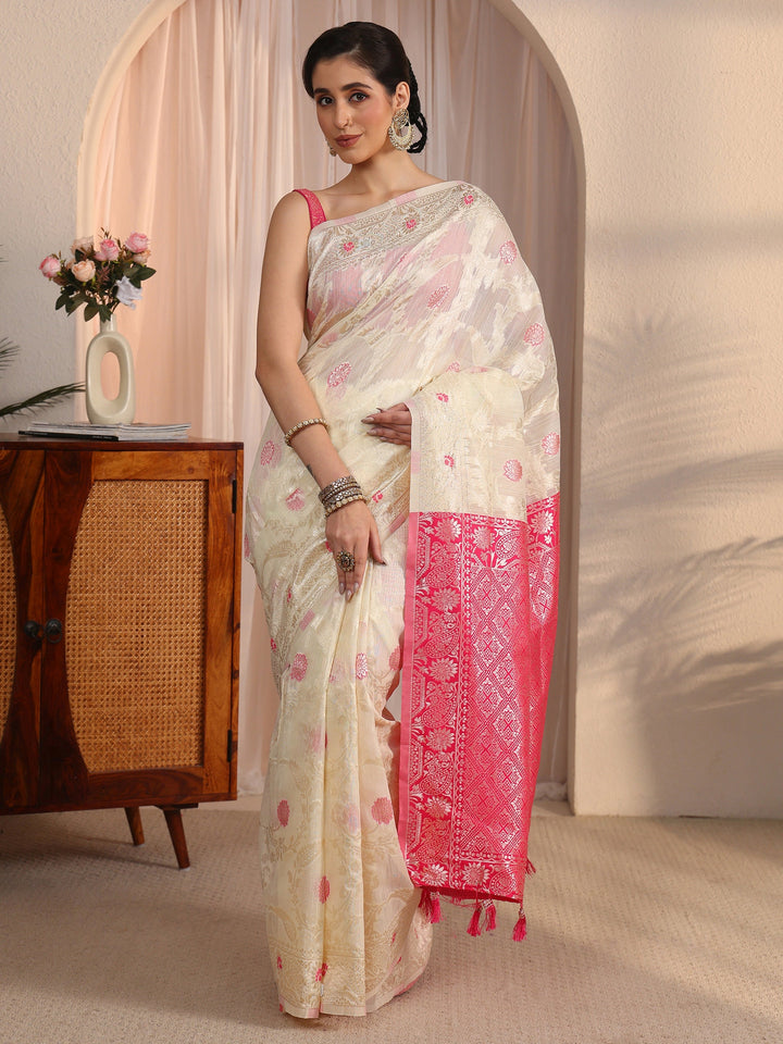 Libas Beige and Pink Floral Woven Design Silk Blend Tassel Saree