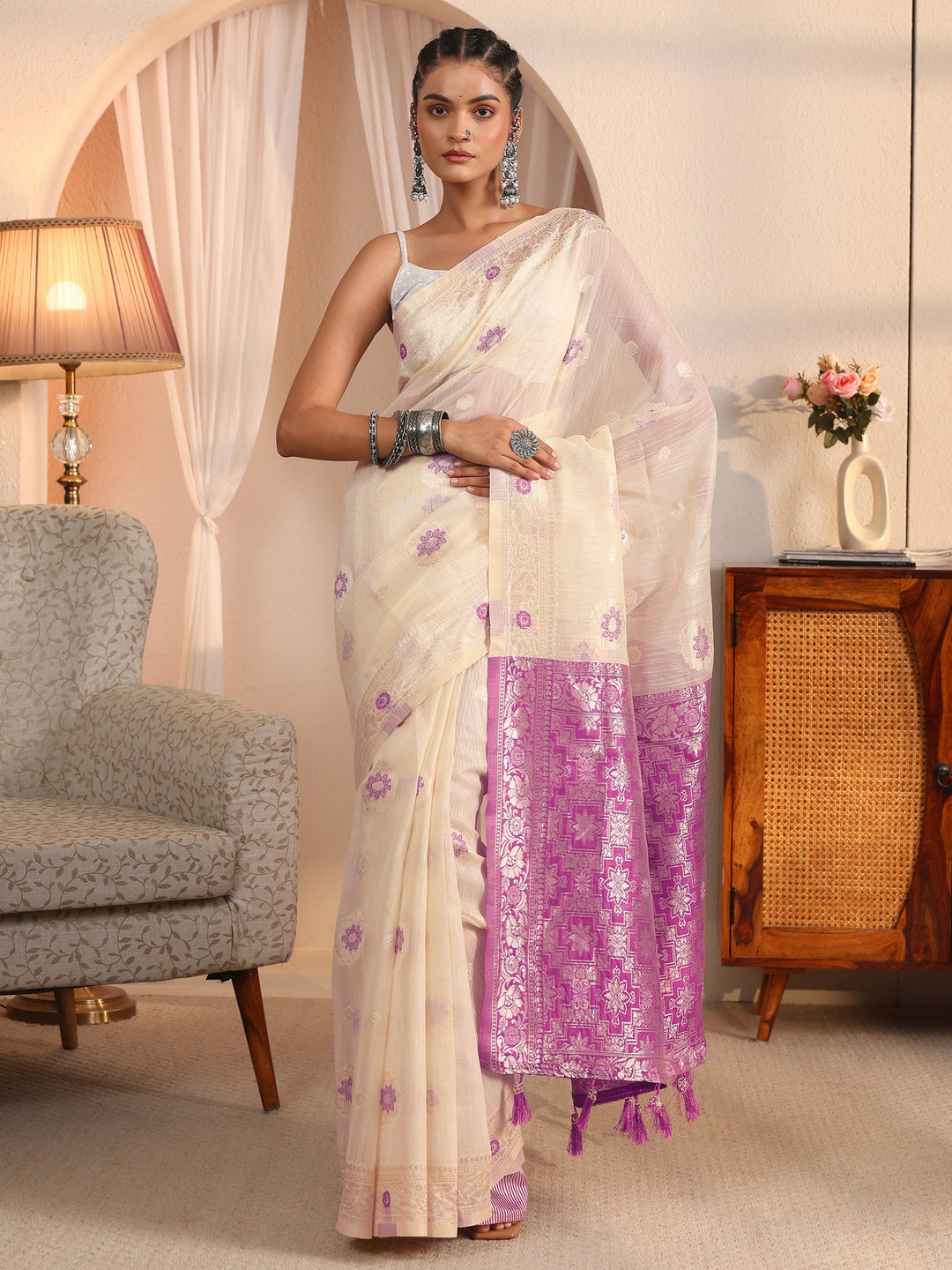 Libas Beige and Lavender Floral Woven Design Silk Blend Tassel Saree