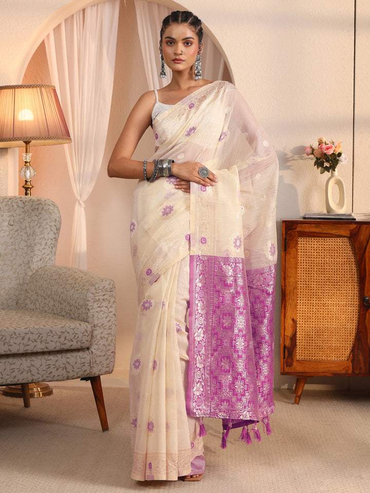 Libas Beige and Lavender Floral Woven Design Silk Blend Tassel Saree