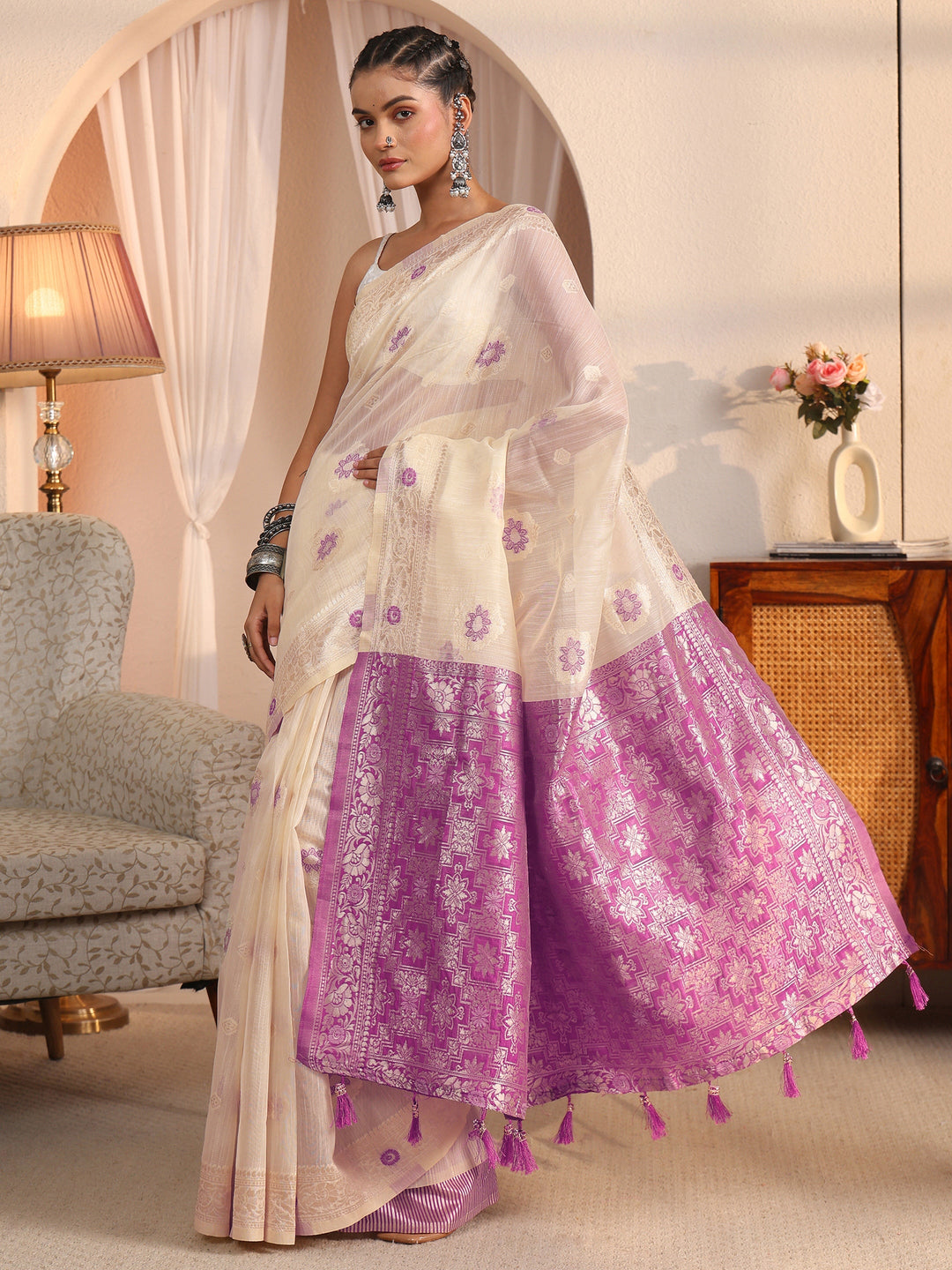 Libas Beige and Lavender Floral Woven Design Silk Blend Tassel Saree