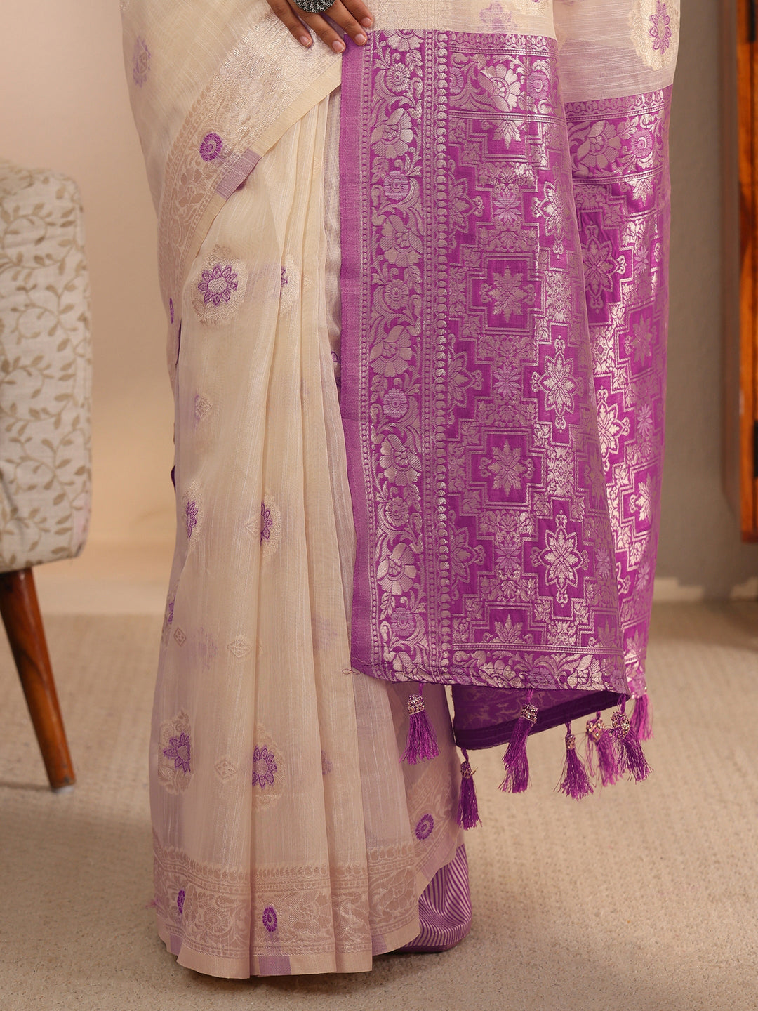 Libas Beige and Lavender Floral Woven Design Silk Blend Tassel Saree