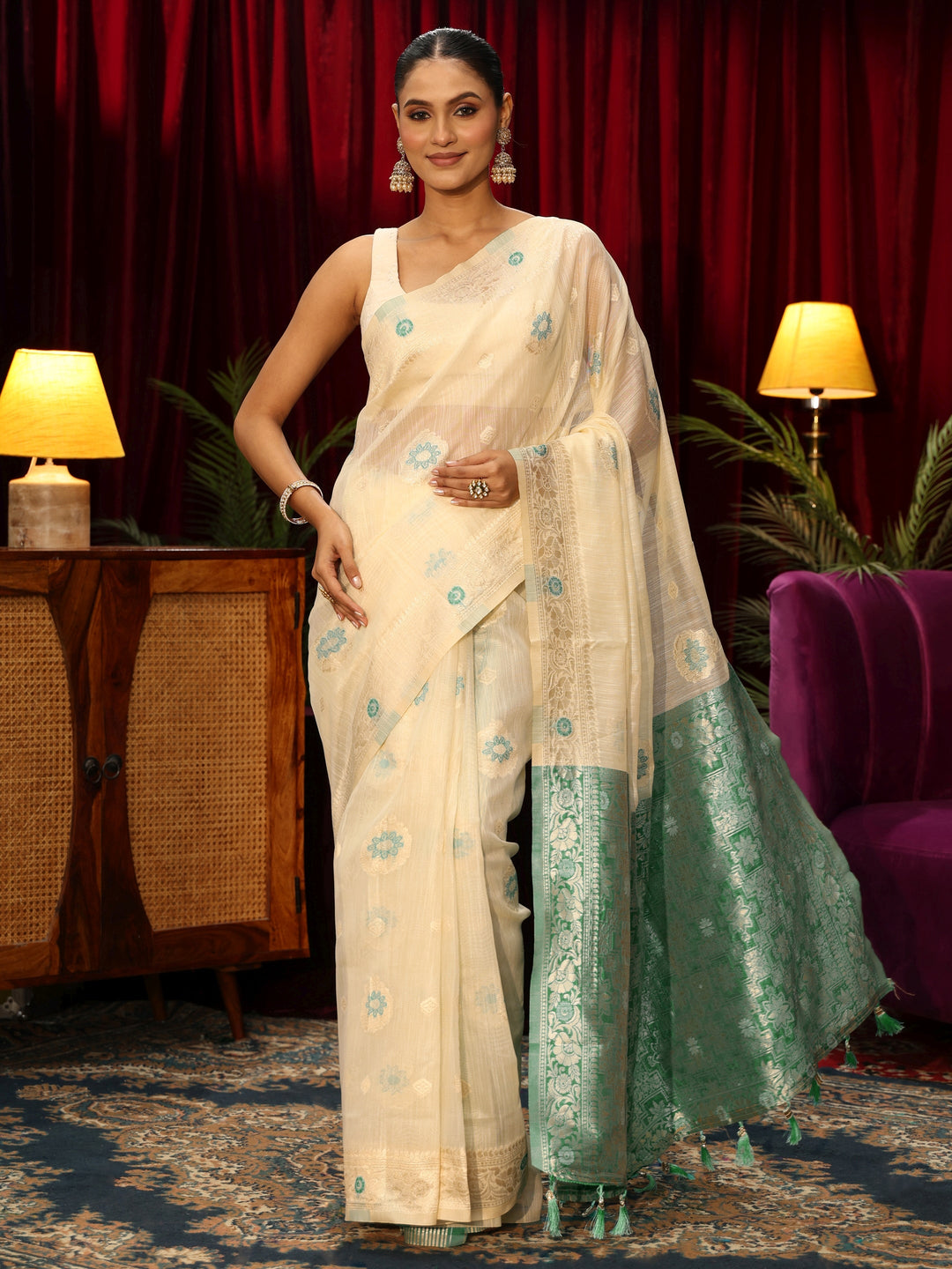 Libas Beige Floral Woven Design Silk Blend Saree
