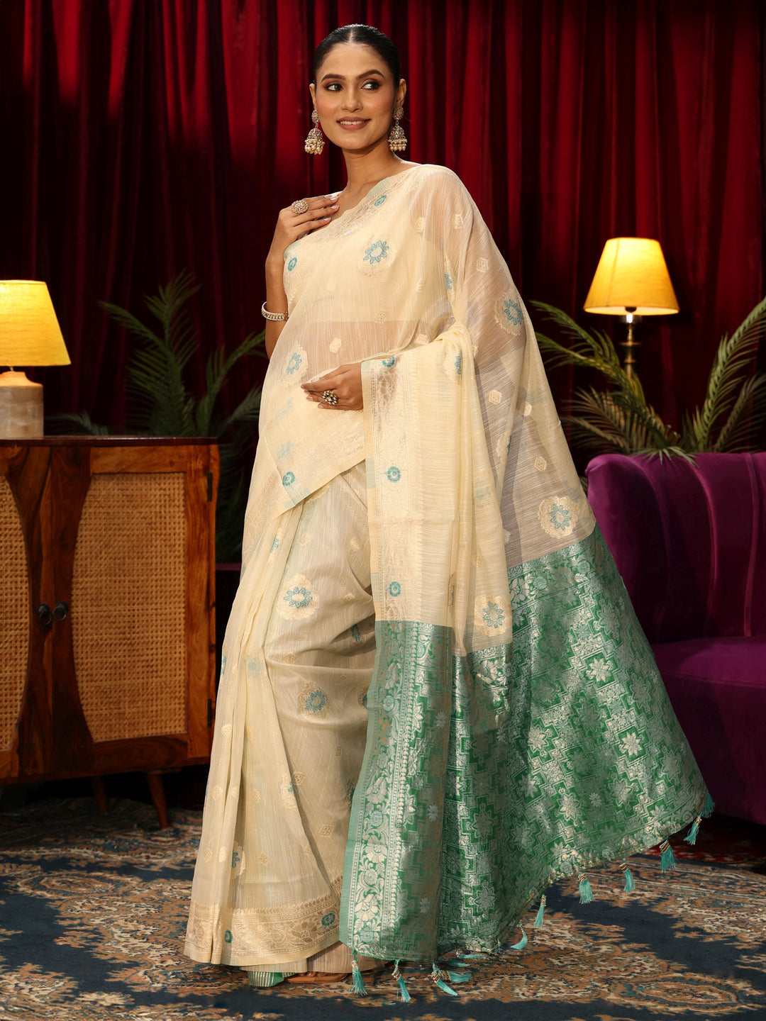 Libas Beige Floral Woven Design Silk Blend Saree