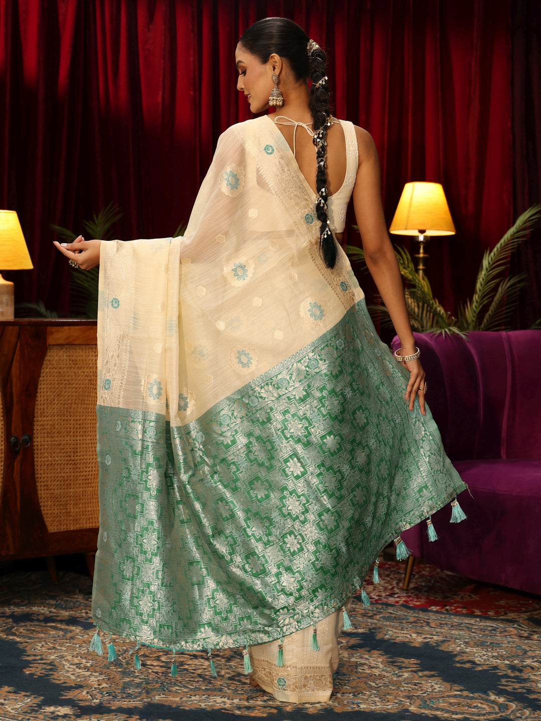 Libas Beige Floral Woven Design Silk Blend Saree
