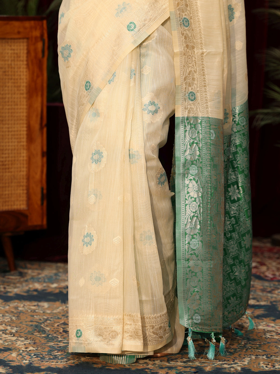 Libas Beige Floral Woven Design Silk Blend Saree