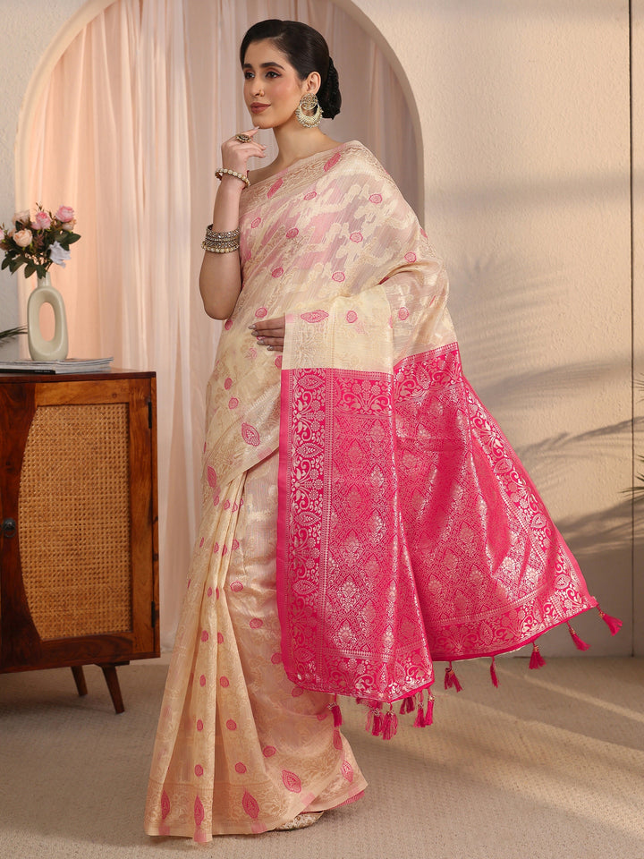 Libas Beige and Pink Floral Woven Design Silk Blend Tassel Saree