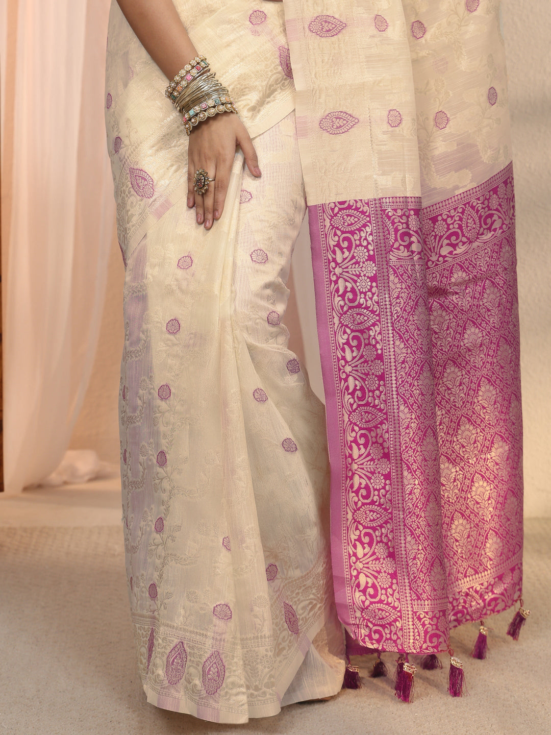 Libas Beige Floral Woven Design Silk Blend Saree