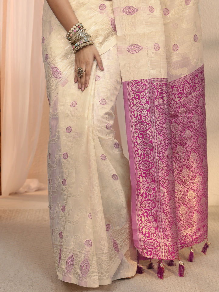 Libas Beige Floral Woven Design Silk Blend Saree
