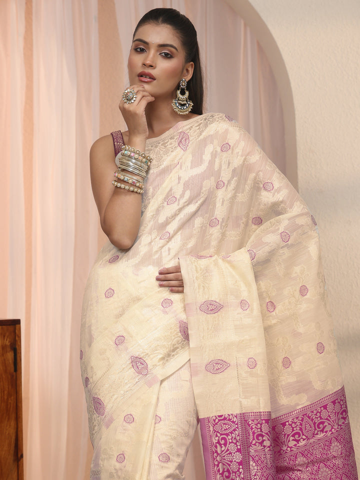 Libas Beige Floral Woven Design Silk Blend Saree