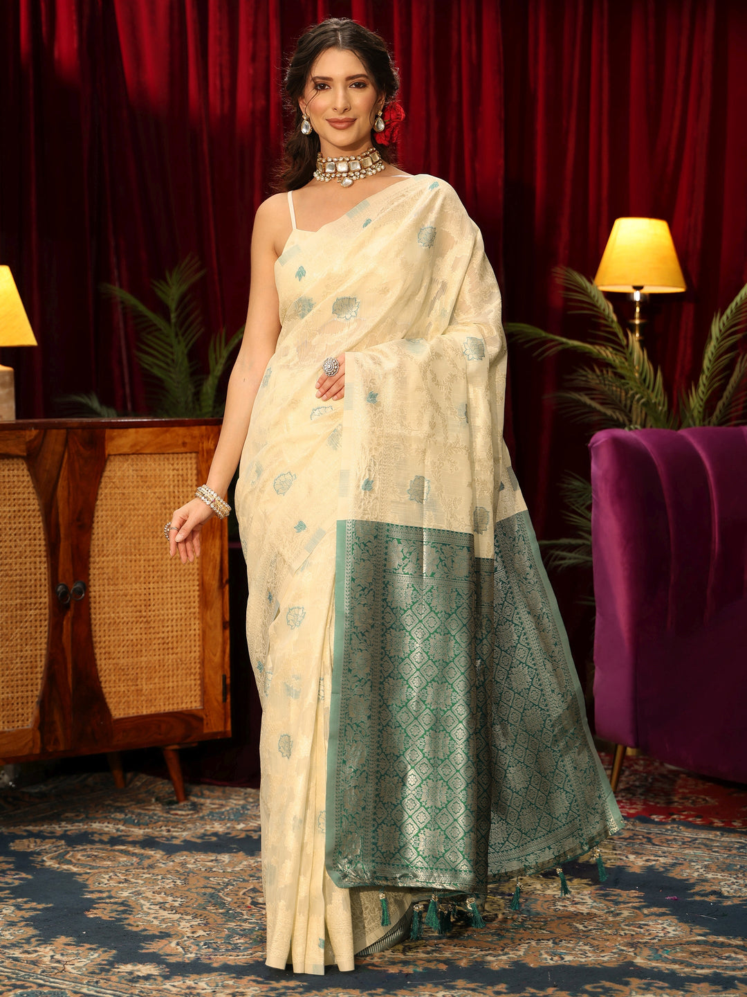 Libas Beige Floral Woven Design Silk Blend Saree