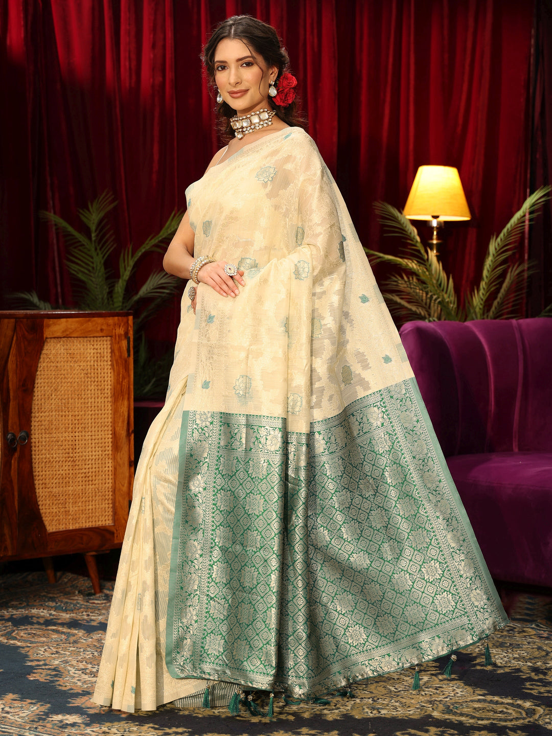 Libas Beige Floral Woven Design Silk Blend Saree