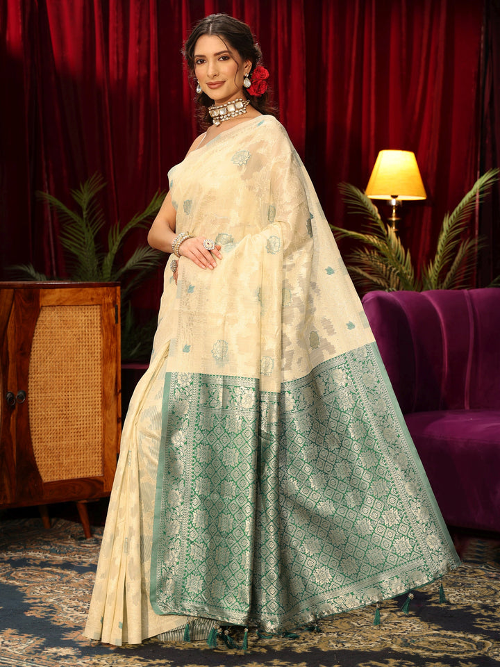 Libas Beige Floral Woven Design Silk Blend Saree