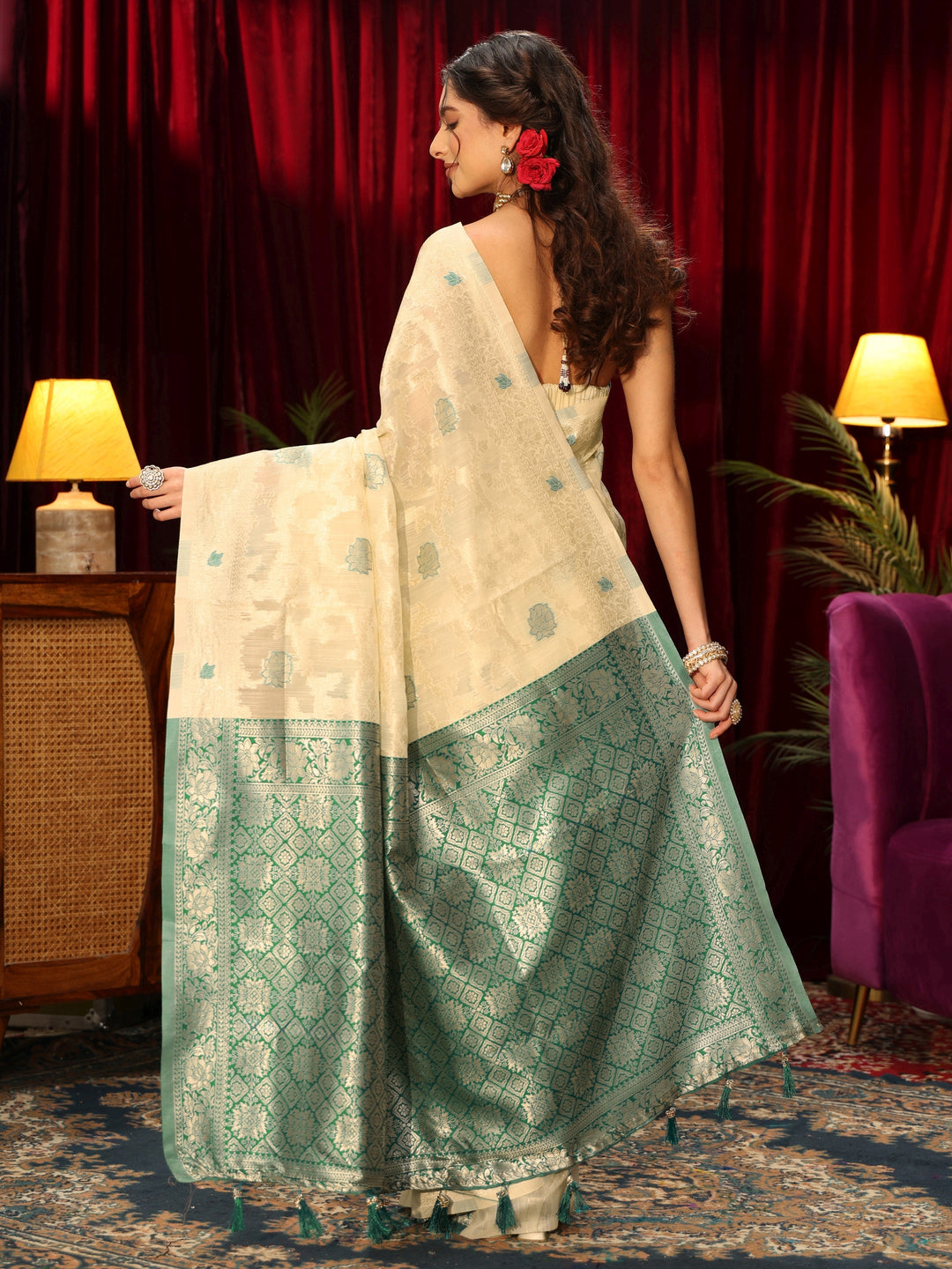 Libas Beige Floral Woven Design Silk Blend Saree