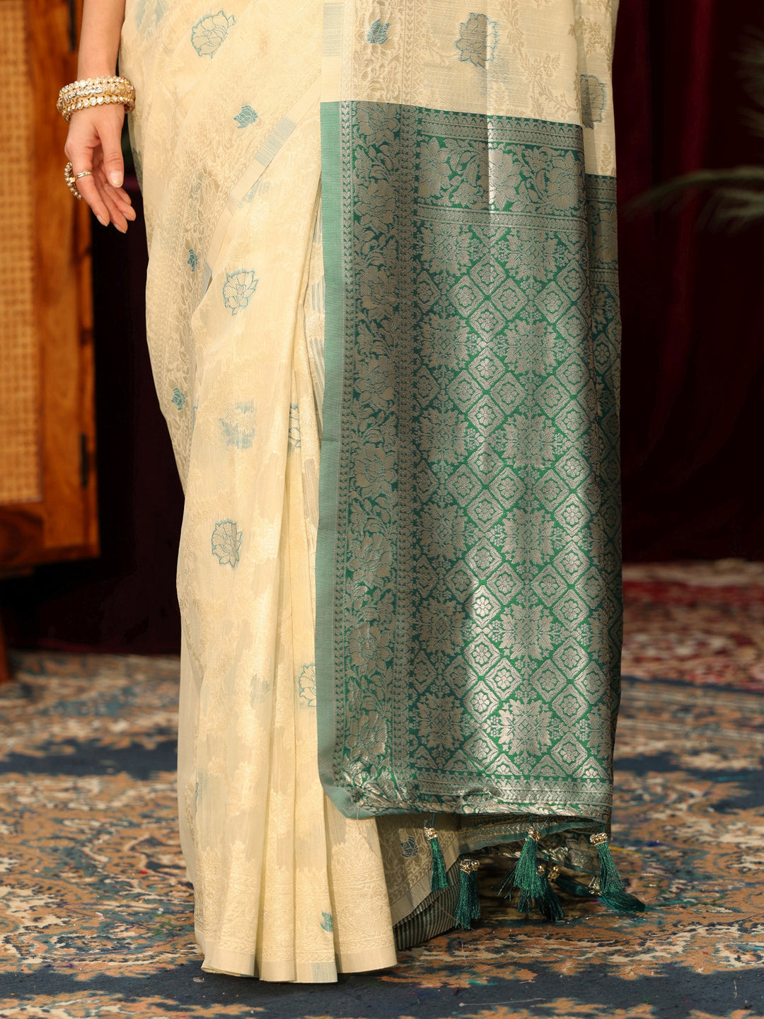 Libas Beige Floral Woven Design Silk Blend Saree