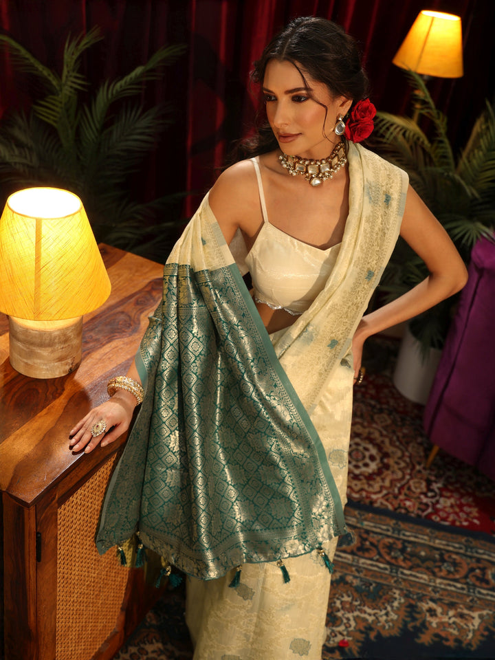 Libas Beige Floral Woven Design Silk Blend Saree