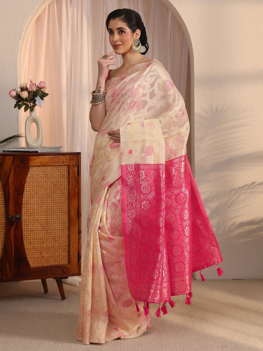 Libas Beige and Pink Floral Woven Design Silk Blend Tassel Saree