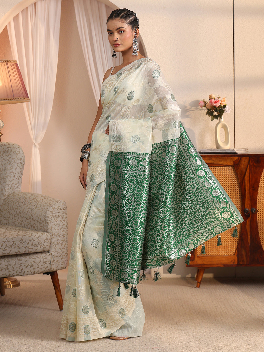 Libas Beige and Green Floral Woven Design Silk Blend Tassel Saree