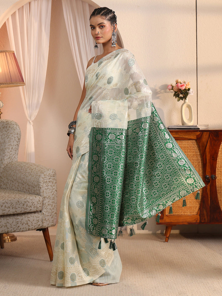 Libas Beige and Green Floral Woven Design Silk Blend Tassel Saree