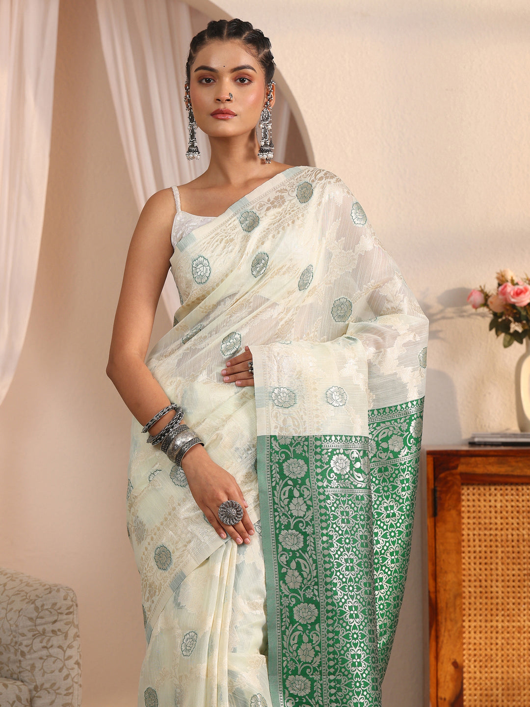 Libas Beige and Green Floral Woven Design Silk Blend Tassel Saree