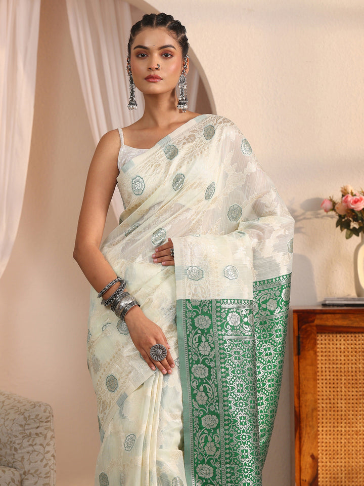 Libas Beige and Green Floral Woven Design Silk Blend Tassel Saree