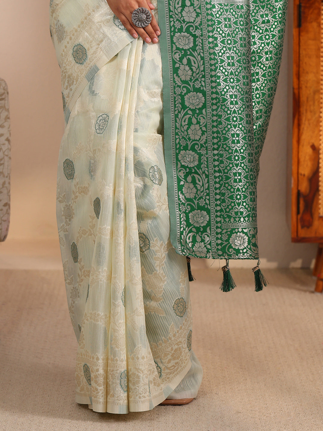 Libas Beige and Green Floral Woven Design Silk Blend Tassel Saree
