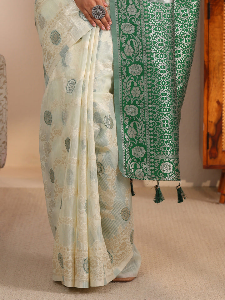 Libas Beige and Green Floral Woven Design Silk Blend Tassel Saree