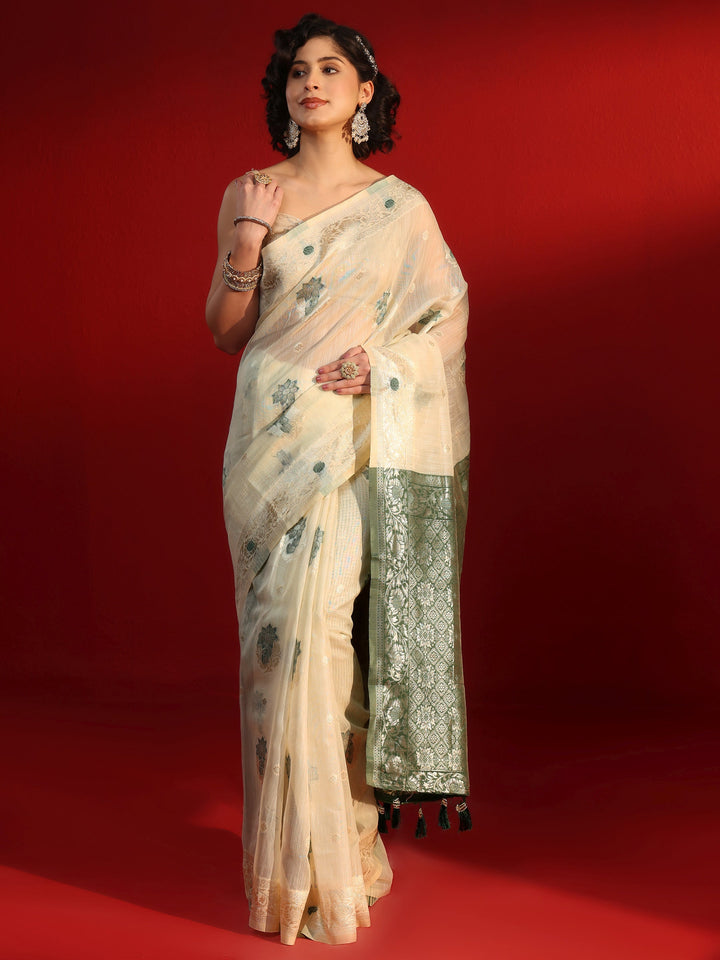 Libas Beige and Green Floral Woven Design Silk Blend Tassel Saree