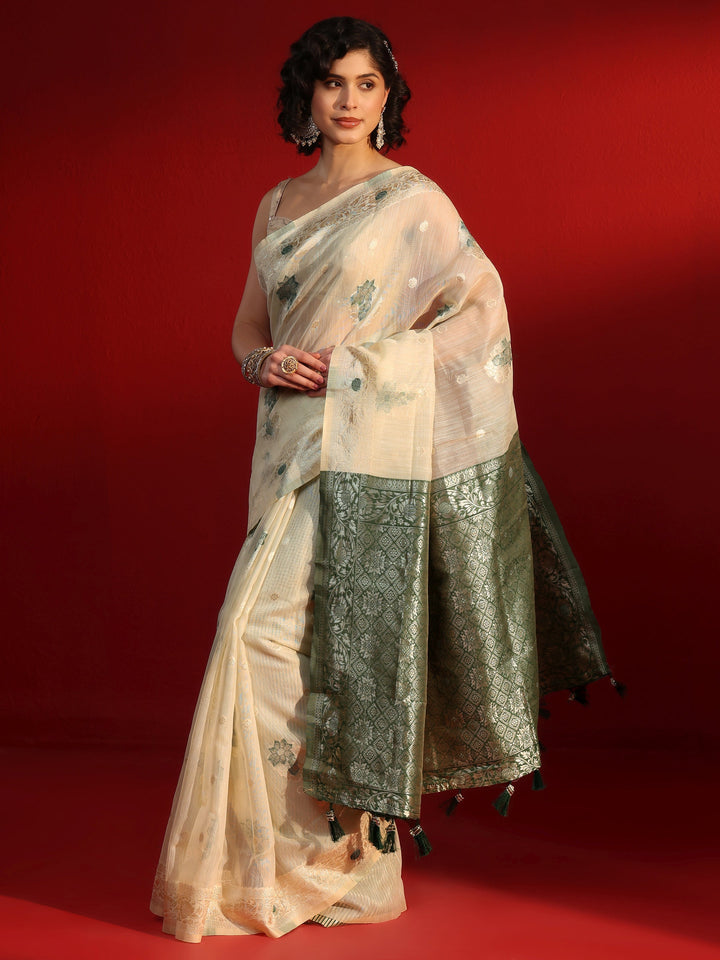 Libas Beige and Green Floral Woven Design Silk Blend Tassel Saree