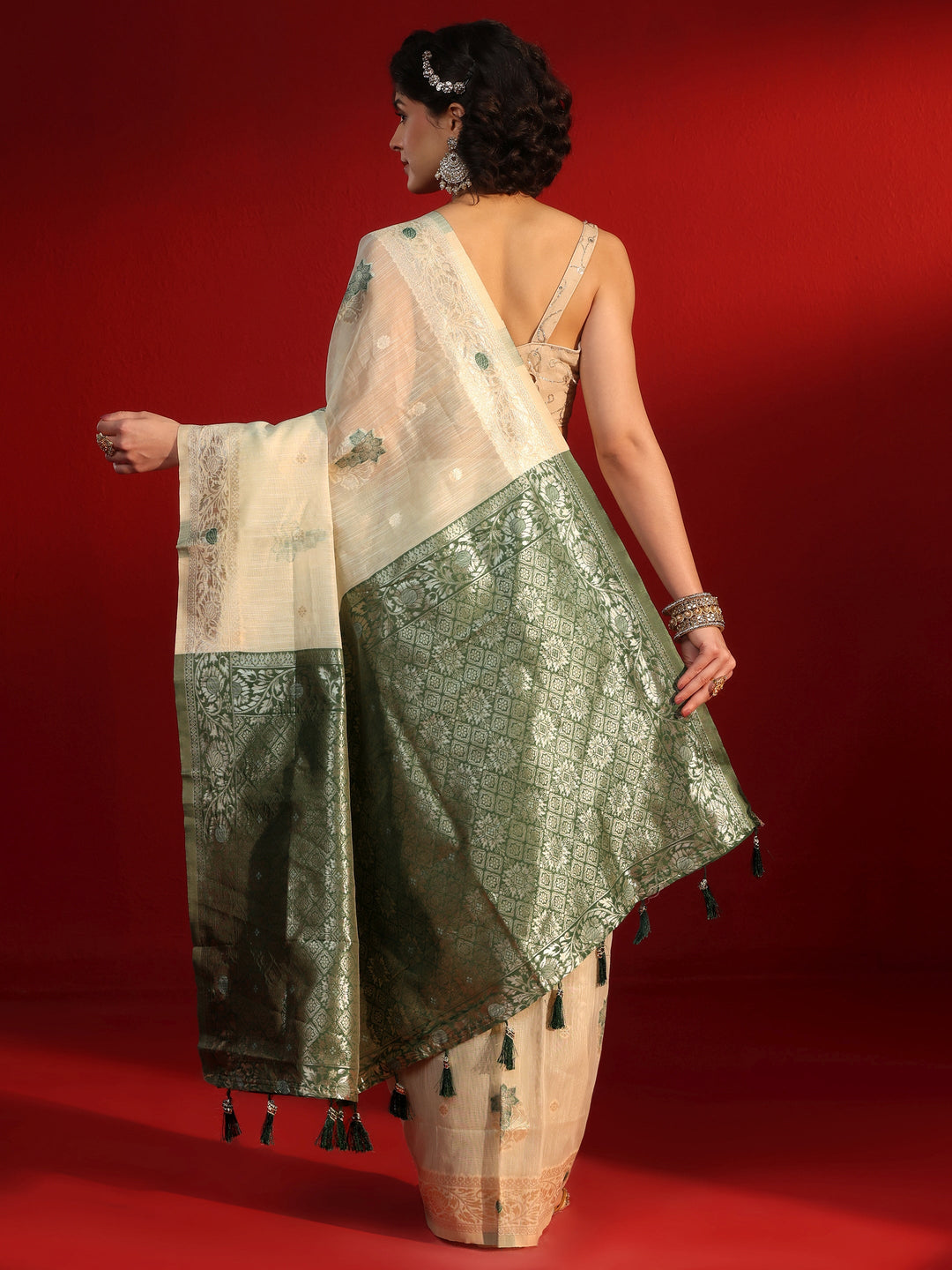 Libas Beige and Green Floral Woven Design Silk Blend Tassel Saree