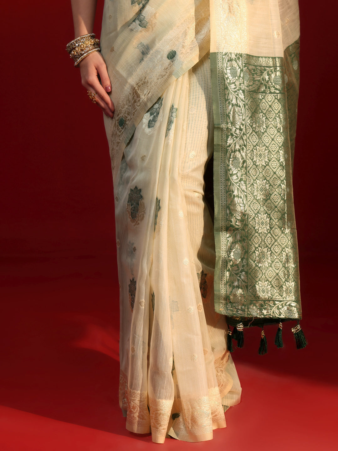Libas Beige and Green Floral Woven Design Silk Blend Tassel Saree