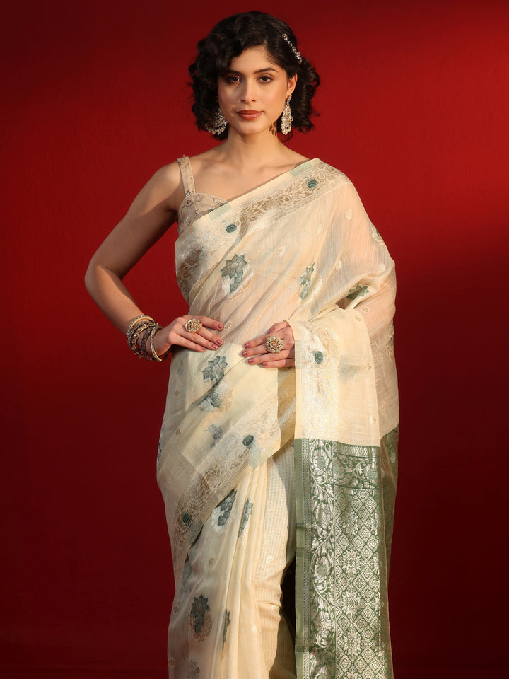 Libas Beige and Green Floral Woven Design Silk Blend Tassel Saree