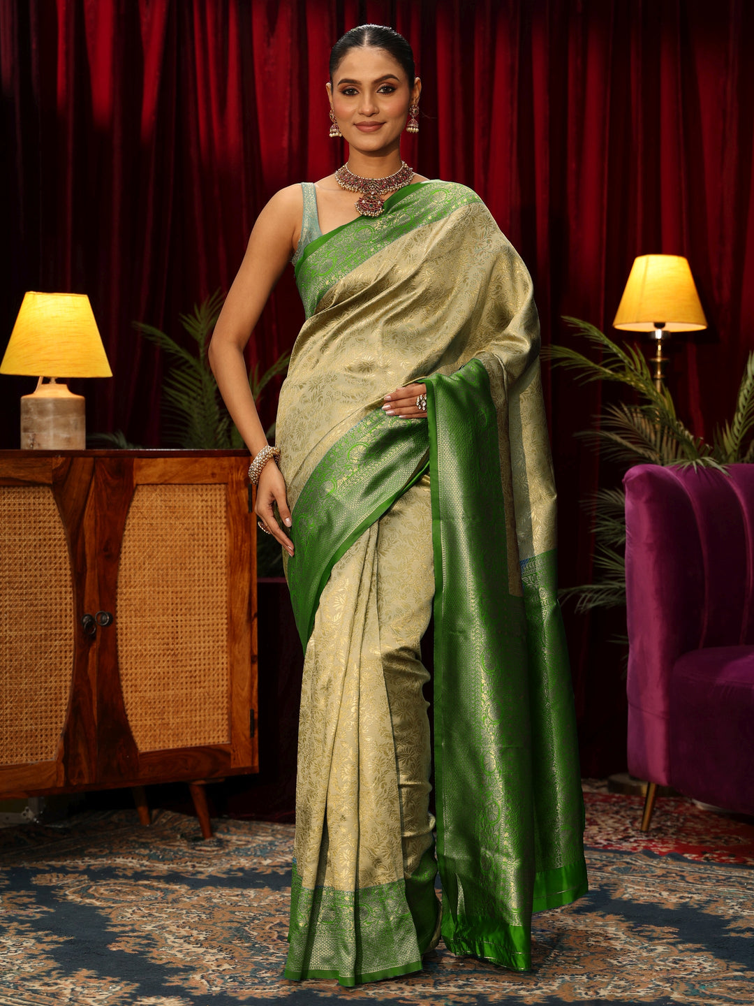 Libas Beige and Green Woven Design Silk Blend Saree