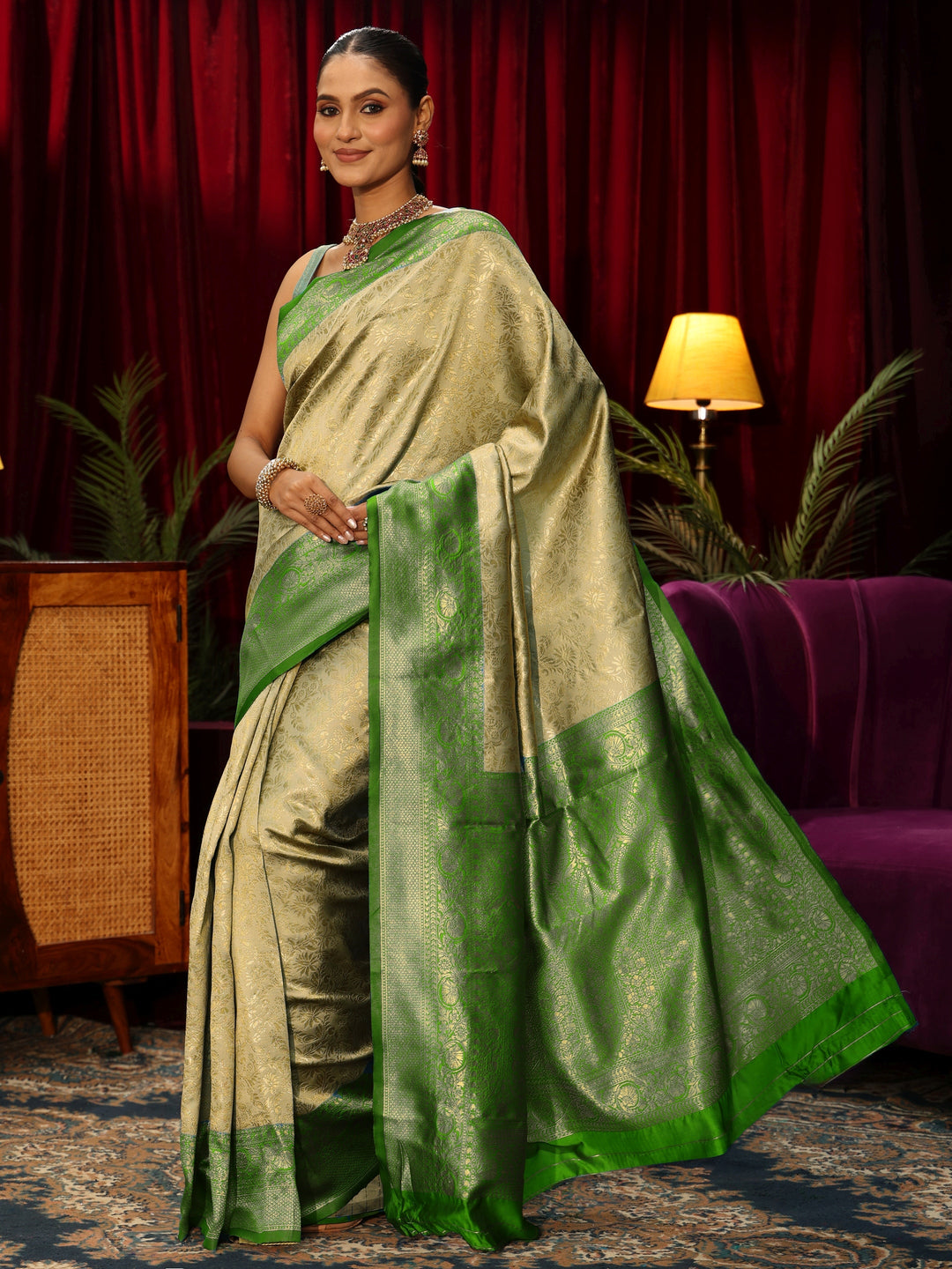 Libas Beige and Green Woven Design Silk Blend Saree