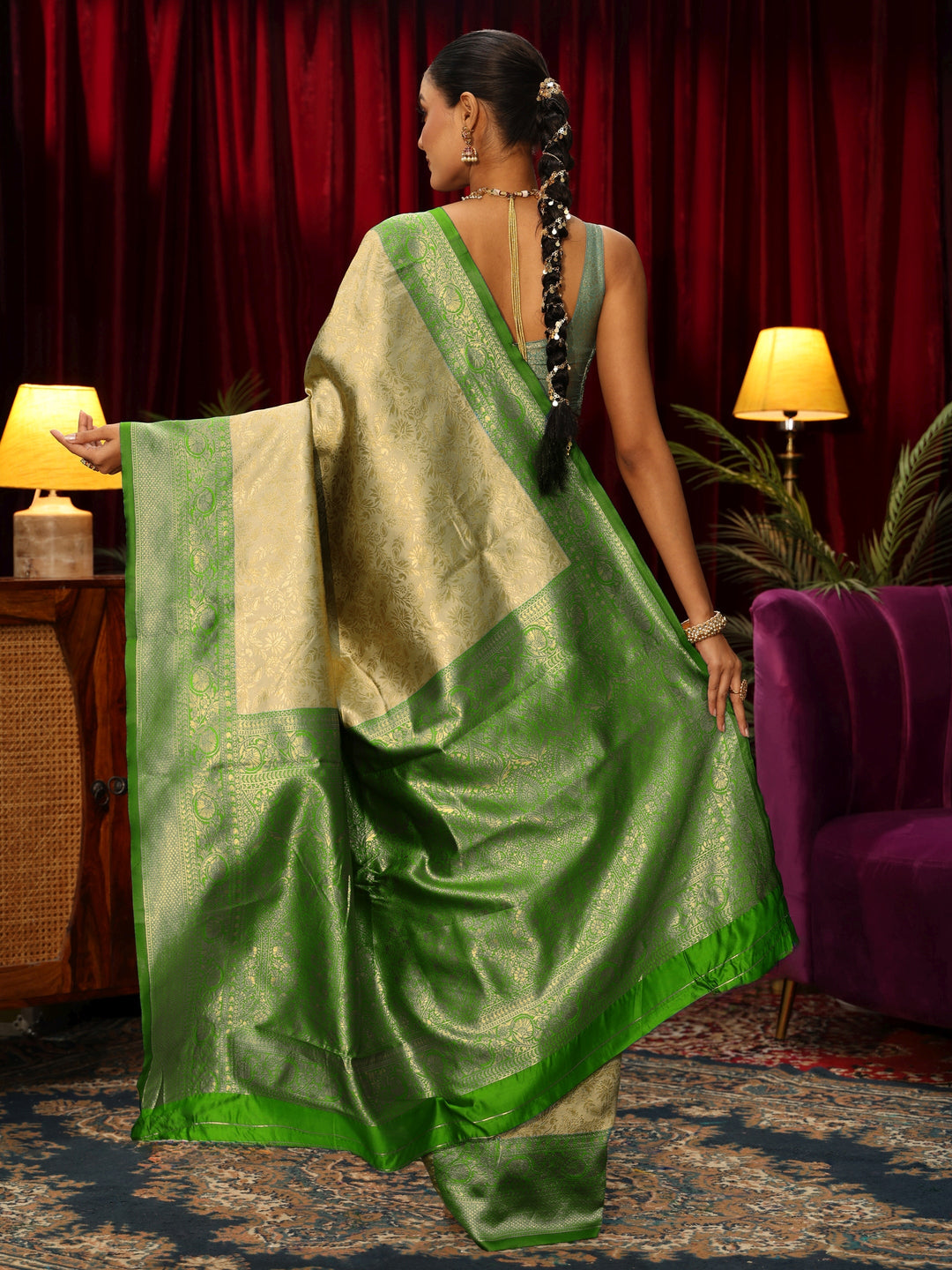 Libas Beige and Green Woven Design Silk Blend Saree