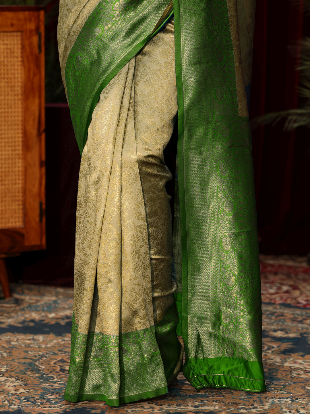 Libas Beige and Green Woven Design Silk Blend Saree
