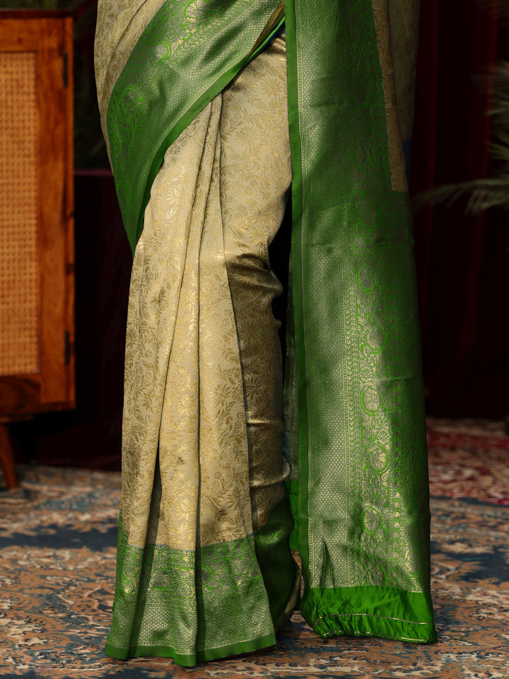 Libas Beige and Green Woven Design Silk Blend Saree