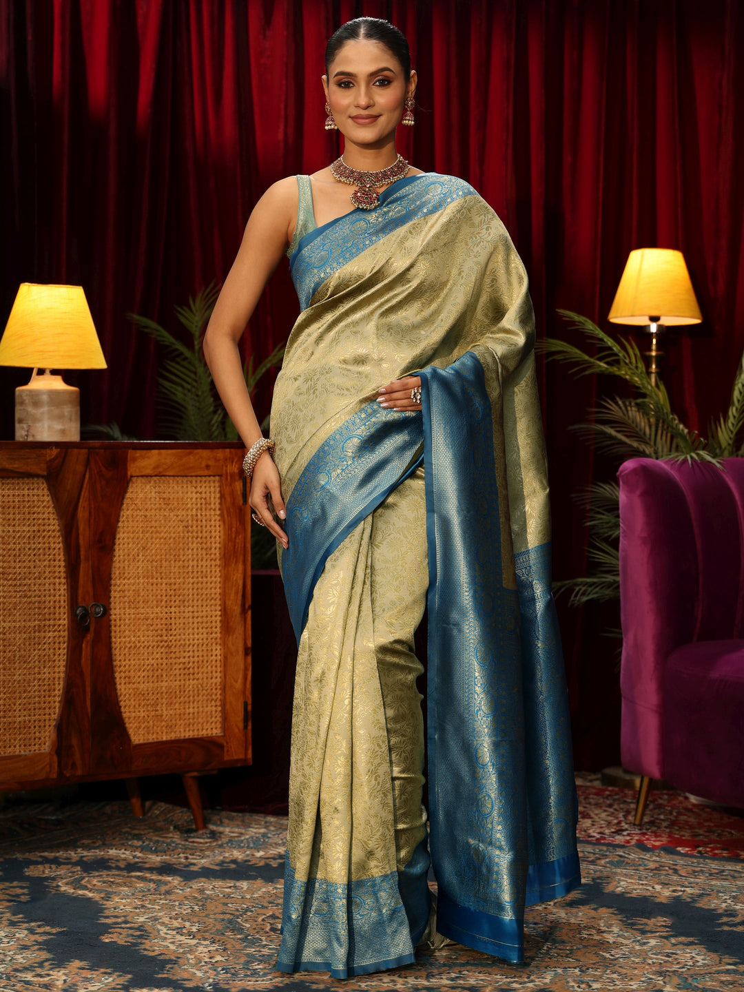 Libas Beige Floral Woven Design Silk Blend Saree