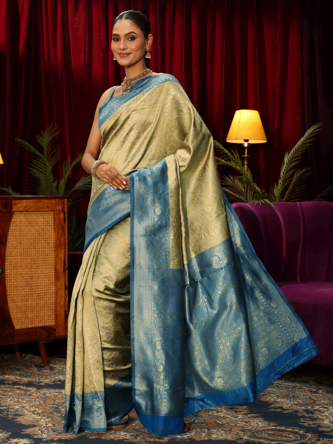 Libas Beige Floral Woven Design Silk Blend Saree