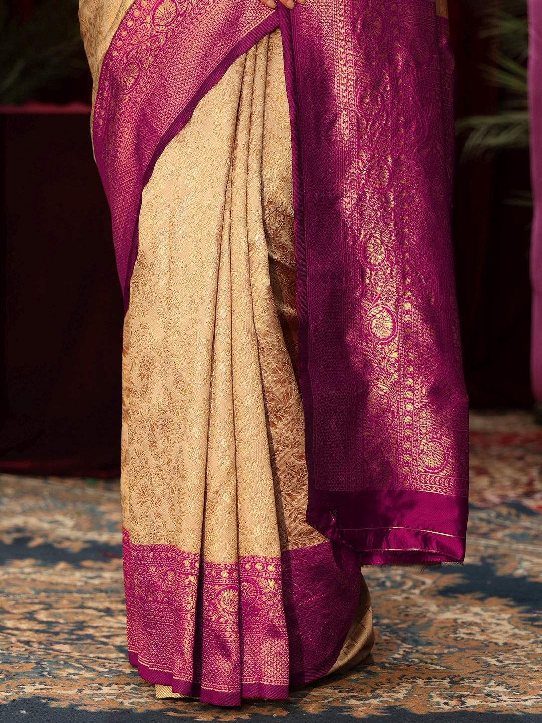 Libas Beige and Purple Floral Woven Design Silk Blend Saree