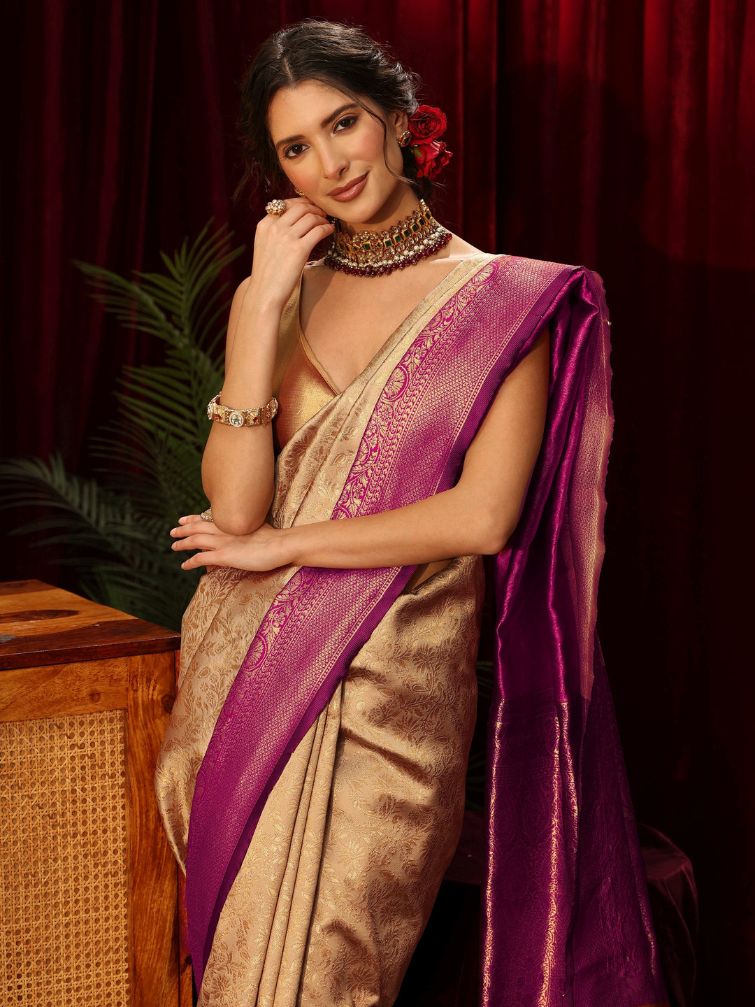 Libas Beige and Purple Floral Woven Design Silk Blend Saree