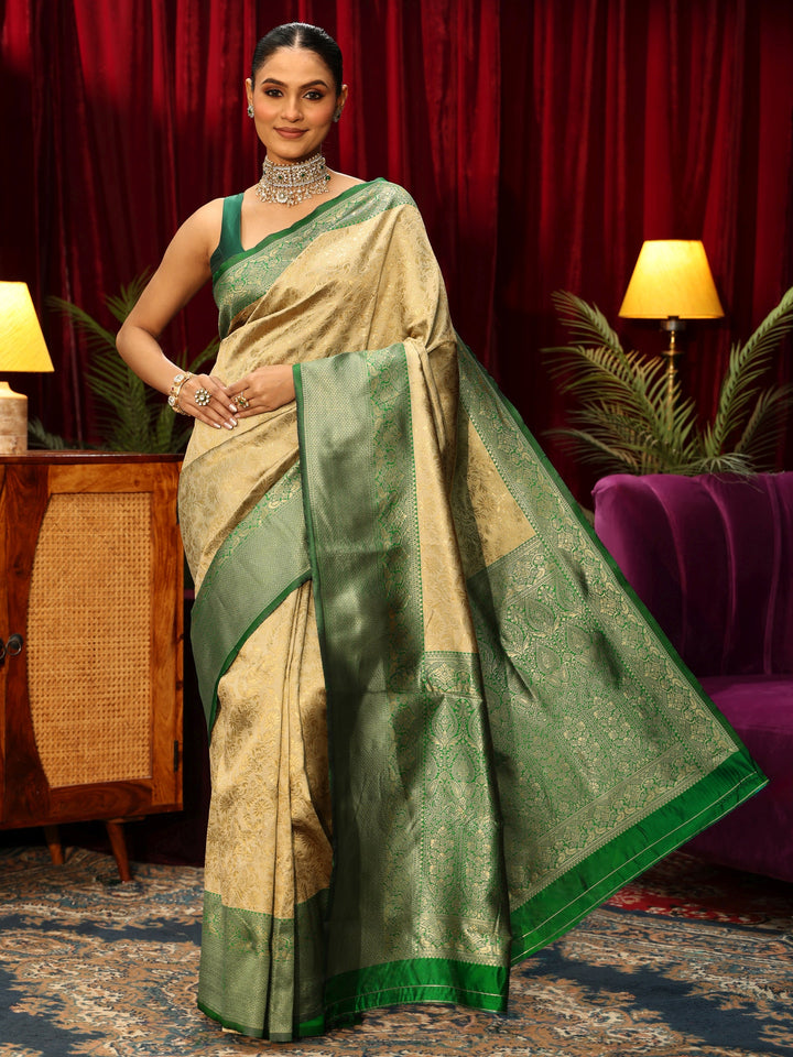 Libas Beige and Green Floral Woven Design Silk Blend Saree