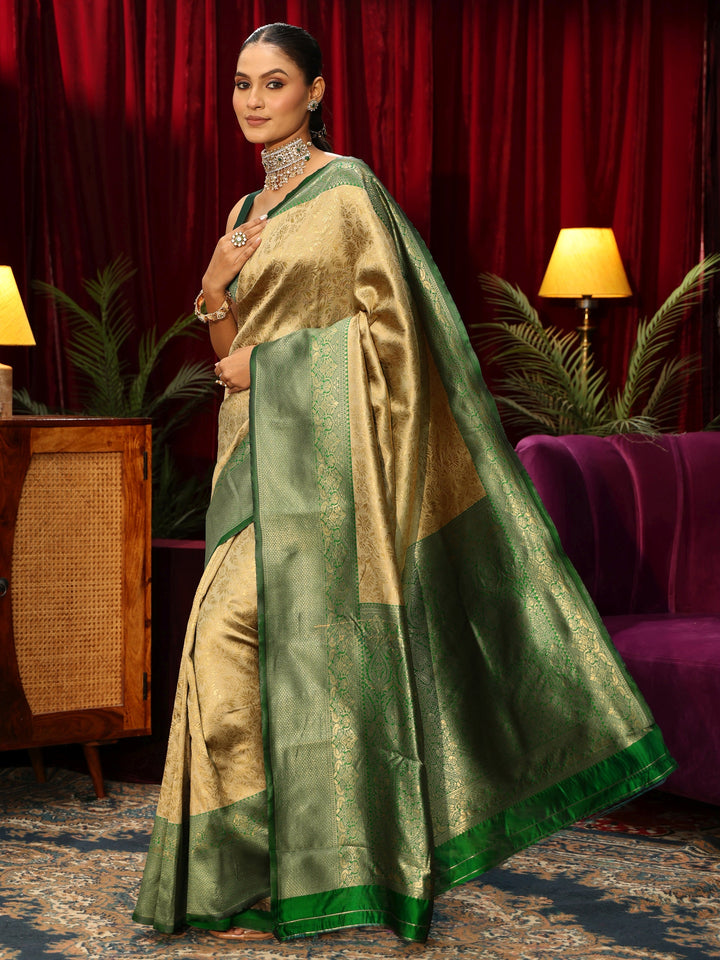 Libas Beige and Green Floral Woven Design Silk Blend Saree