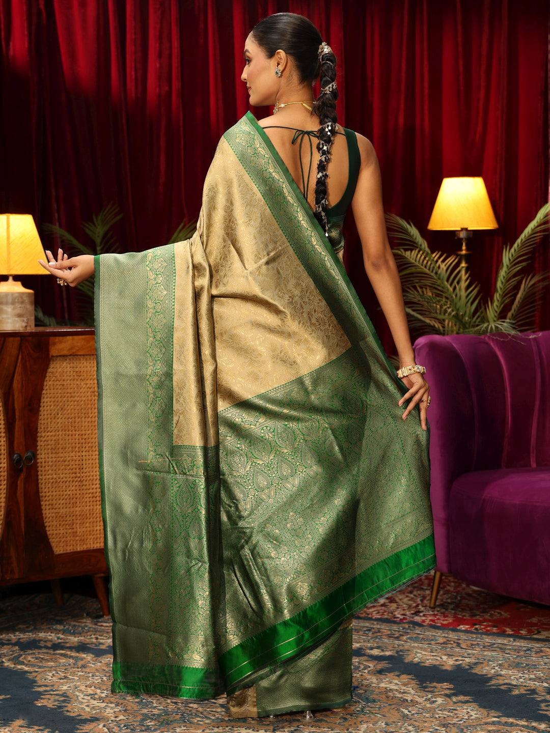 Libas Beige and Green Floral Woven Design Silk Blend Saree