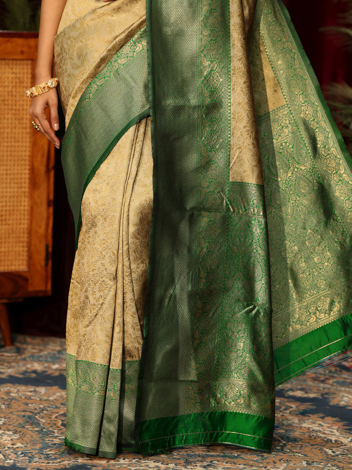 Libas Beige and Green Floral Woven Design Silk Blend Saree