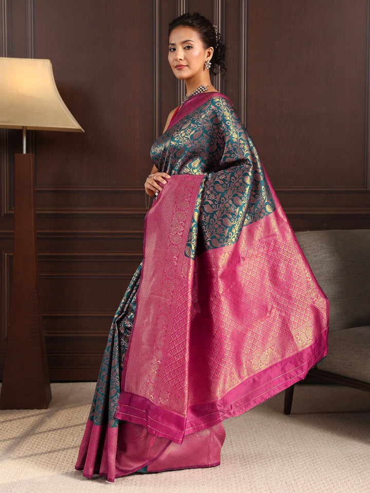 Libas Navy Blue Floral Woven Design Silk Blend Saree