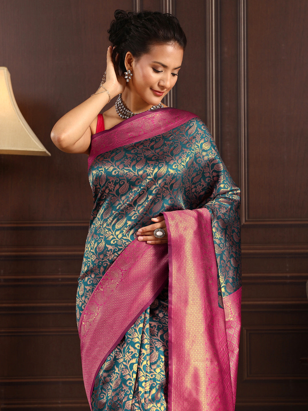 Libas Navy Blue Floral Woven Design Silk Blend Saree