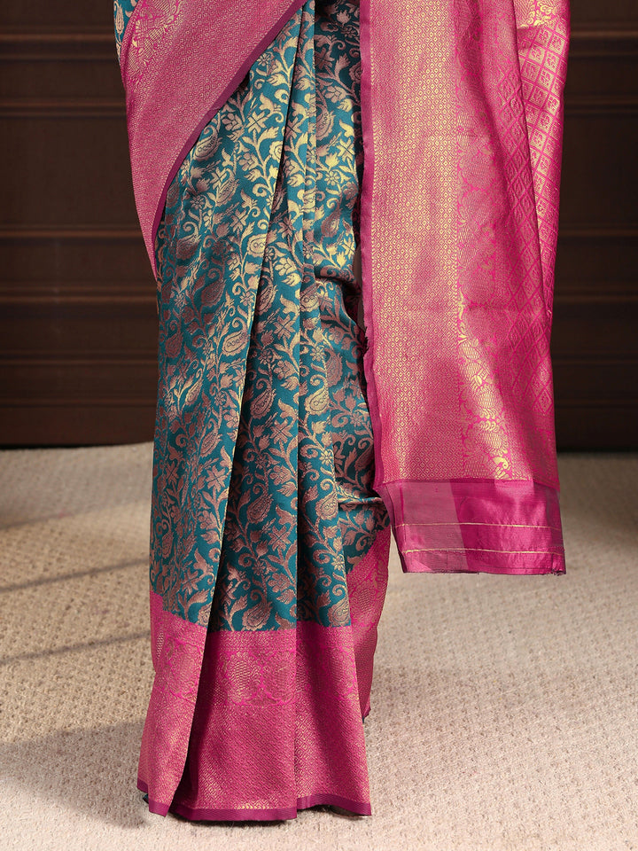 Libas Navy Blue Floral Woven Design Silk Blend Saree