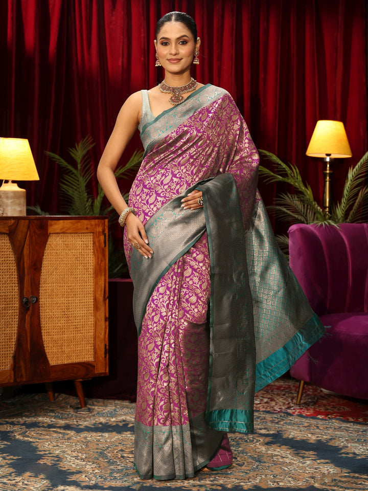 Libas Purple and Green Floral Woven Design Silk Blend Saree