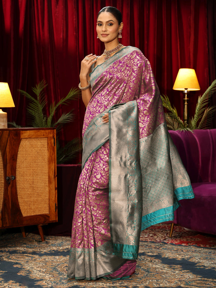 Libas Purple and Green Floral Woven Design Silk Blend Saree